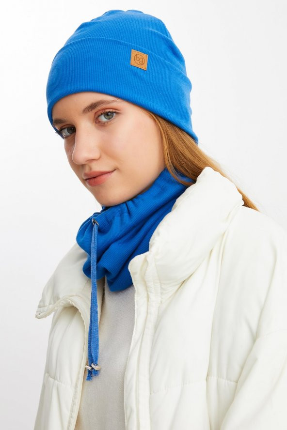 Mavi Kadın Balıkçı Style Pamuklu Kaşkorse, Terletmez, Ultra Hafif, Yumuşak Bere Boyunluk Takım ürün görseli 1