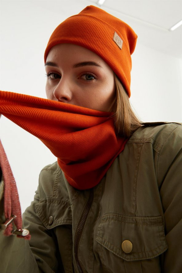 Kiremit Kadın Balıkçı Style Pamuklu Kaşkorse, Terletmez, Ultra Hafif, Yumuşak Bere Boyunluk Takım - 7