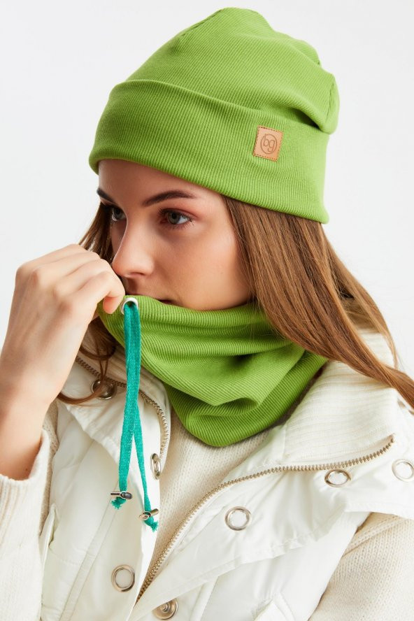 Yeşil Kadın Balıkçı Style Pamuklu Kaşkorse, Terletmez, Ultra Hafif, Yumuşak Bere Boyunluk Takım ürün görseli 1