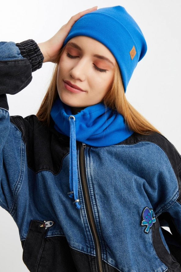 Mavi Kadın Balıkçı Style Pamuklu Kaşkorse, Terletmez, Ultra Hafif, Yumuşak Bere Boyunluk Takım - Resim 4