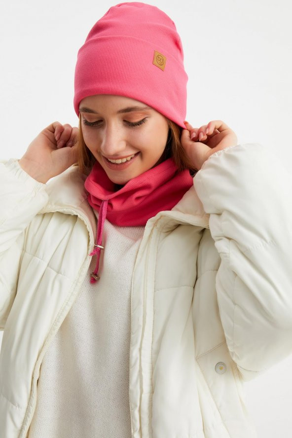 Pembe Kadın Balıkçı Style Pamuklu Kaşkorse, Terletmez, Ultra Hafif, Yumuşak Bere Boyunluk Takım - 3