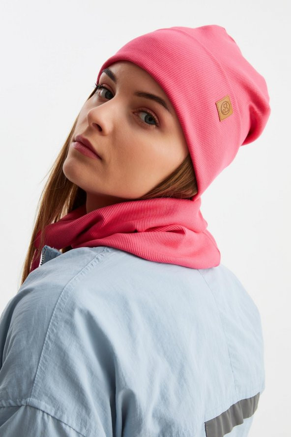 Pembe Kadın Balıkçı Style Pamuklu Kaşkorse, Terletmez, Ultra Hafif, Yumuşak Bere Boyunluk Takım - 4