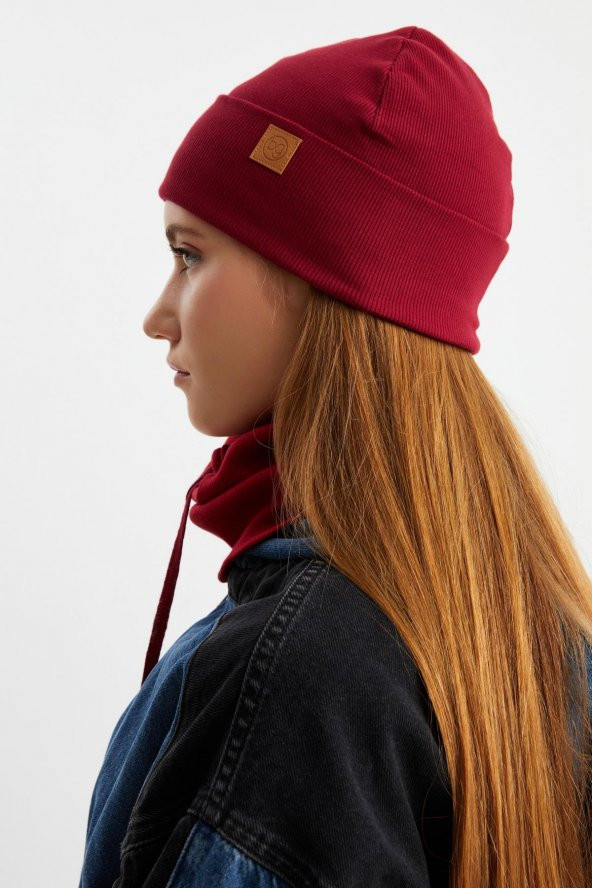 Bordo Kadın Balıkçı Style Pamuklu Kaşkorse, Terletmez, Ultra Hafif, Yumuşak Bere Boyunluk Takım - 6