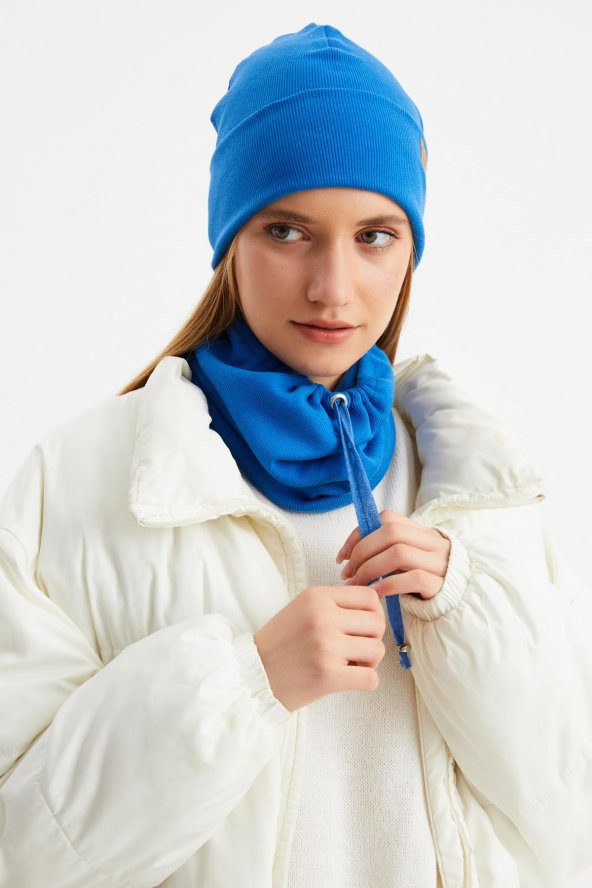 Mavi Kadın Balıkçı Style Pamuklu Kaşkorse, Terletmez, Ultra Hafif, Yumuşak Bere Boyunluk Takım - Resim 5