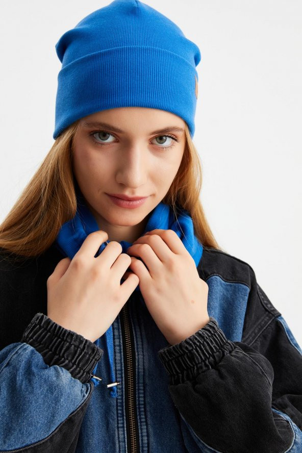 Mavi Kadın Balıkçı Style Pamuklu Kaşkorse, Terletmez, Ultra Hafif, Yumuşak Bere Boyunluk Takım - Resim 6