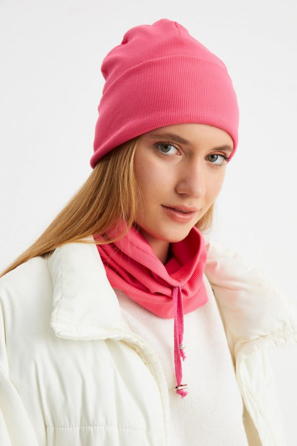 Pembe Kadın Balıkçı Style Pamuklu Kaşkorse, Terletmez, Ultra Hafif, Yumuşak Bere Boyunluk Takım - 5