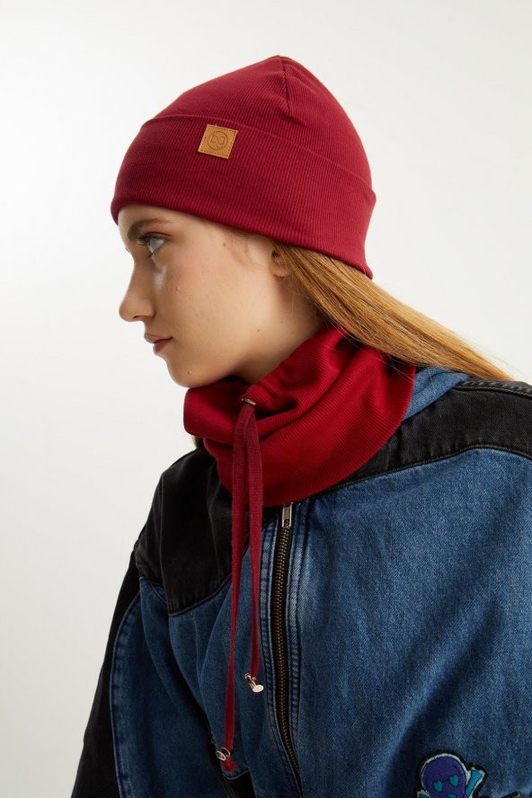 Bordo Kadın Balıkçı Style Pamuklu Kaşkorse, Terletmez, Ultra Hafif, Yumuşak Bere Boyunluk Takım - 8