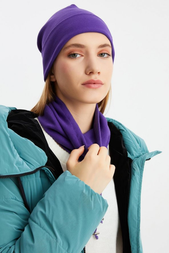 Mor Kadın Balıkçı Style Pamuklu Kaşkorse, Terletmez, Ultra Hafif, Yumuşak Bere Boyunluk Takım - 4