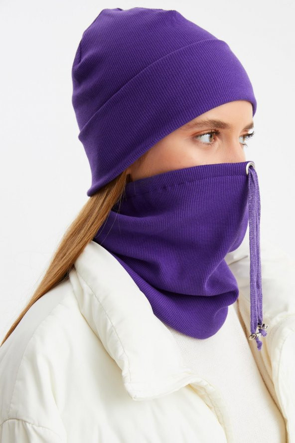 Mor Kadın Balıkçı Style Pamuklu Kaşkorse, Terletmez, Ultra Hafif, Yumuşak Bere Boyunluk Takım - 5