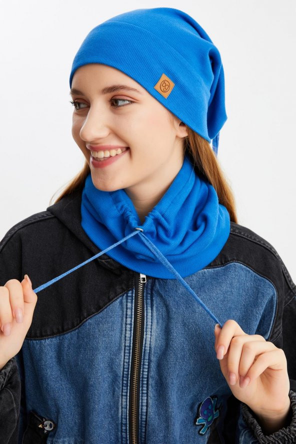 Mavi Kadın Pamuklu Kaşkorse, Terletmez, Ultra Hafif ve Yumuşak Bere Boyunluk Takım ürün görseli 1