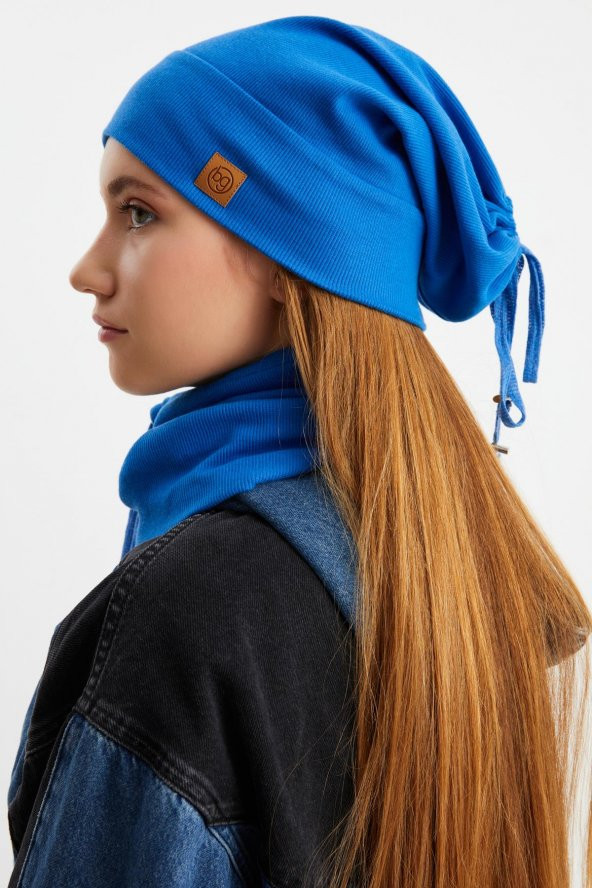 Mavi Kadın Pamuklu Kaşkorse, Terletmez, Ultra Hafif ve Yumuşak Bere Boyunluk Takım - Resim 2