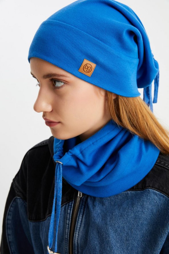 Mavi Kadın Pamuklu Kaşkorse, Terletmez, Ultra Hafif ve Yumuşak Bere Boyunluk Takım - Resim 4