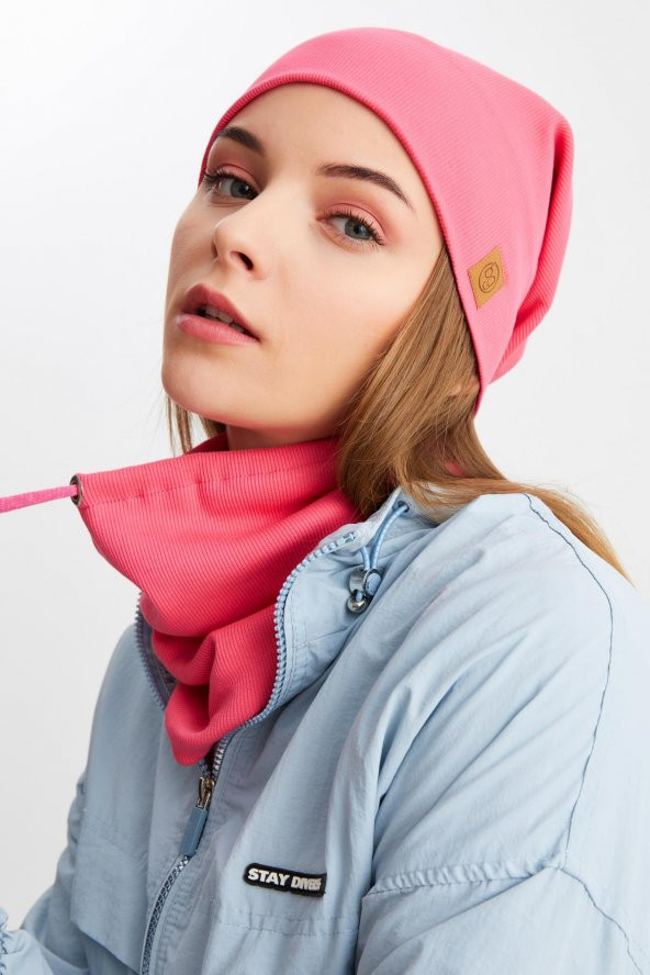 Pembe Kadın Pamuklu Kaşkorse, Terletmez, Ultra Hafif ve Yumuşak Bere Boyunluk Takım - 1