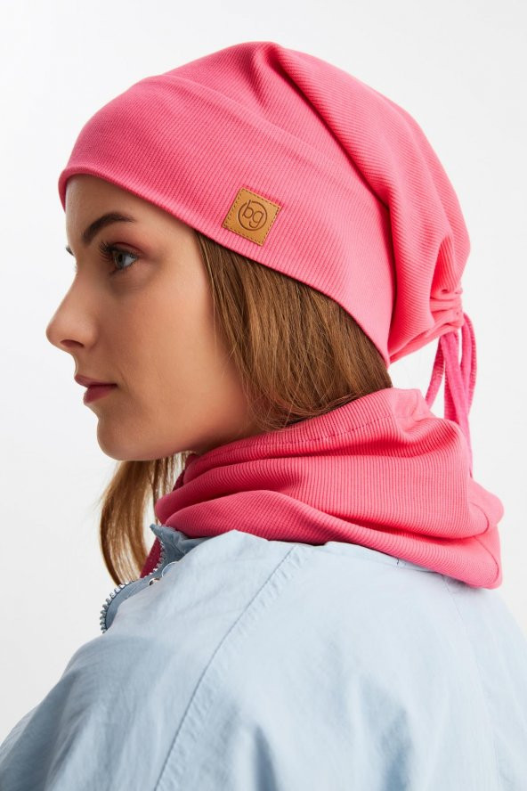 Pembe Kadın Pamuklu Kaşkorse, Terletmez, Ultra Hafif ve Yumuşak Bere Boyunluk Takım - 2