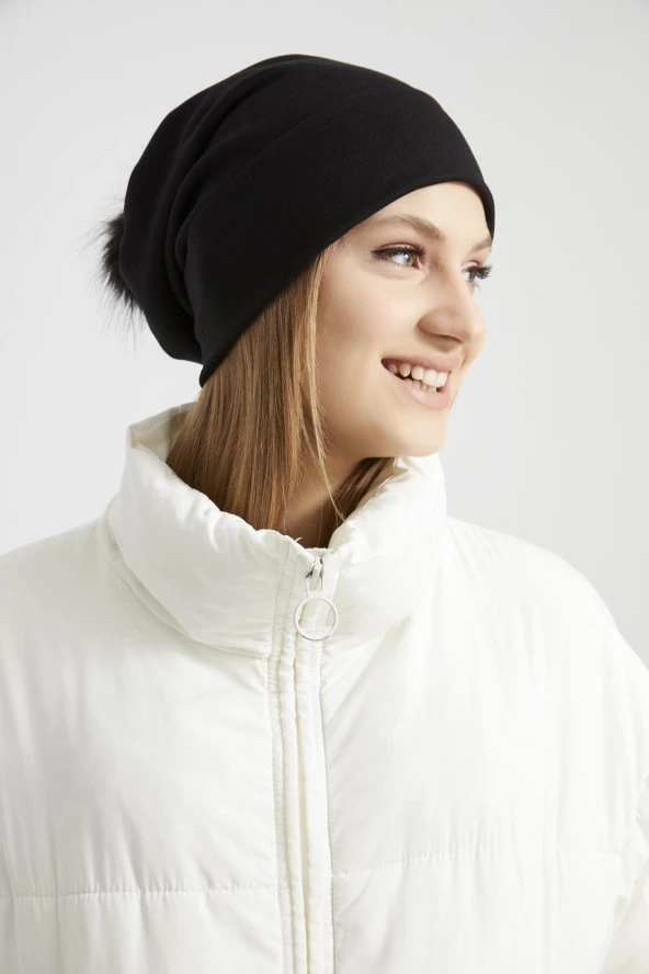 Kadın Genç Kız, Elit siyah kürk ponpon detaylı  Şapka Bere -Spor, Rahat, pamuklu, TERMAL kumaş - Resim 3