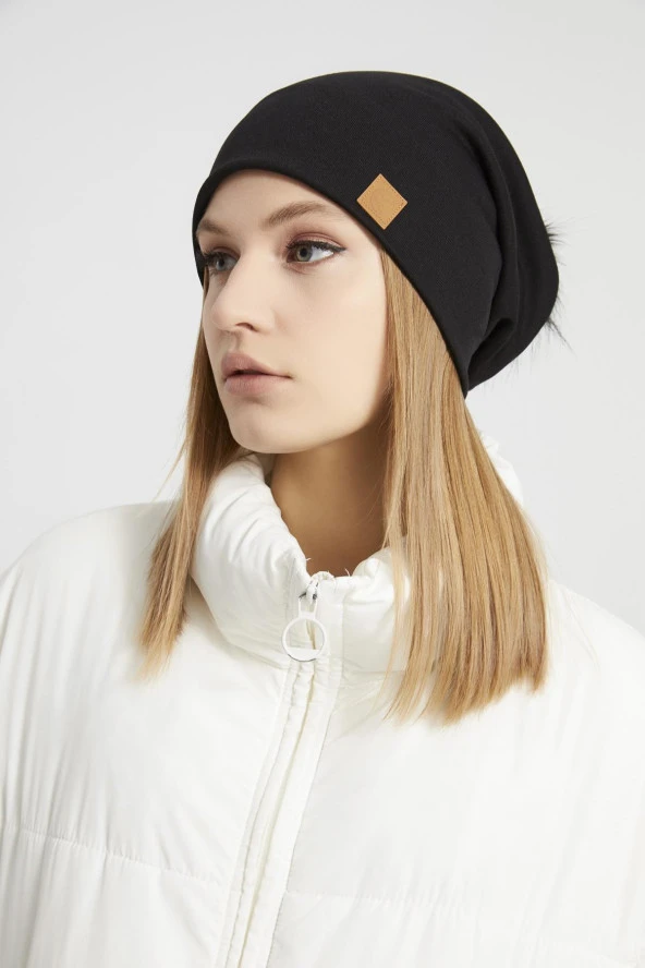 Kadın Genç Kız, Elit siyah kürk ponpon detaylı  Şapka Bere -Spor, Rahat, pamuklu, TERMAL kumaş - Resim 5