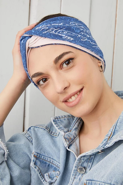 Mavi Beyaz Bandana Saç Bandı Ekstra Yumuşak Esnek Doğal Pamuklu Penye - 5