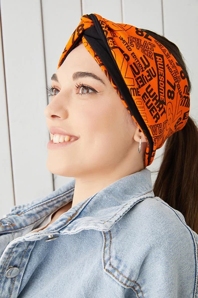 Turuncu Siyah Bandana Saç Bandı Ekstra Yumuşak Esnek Doğal Pamuklu Penye - 5