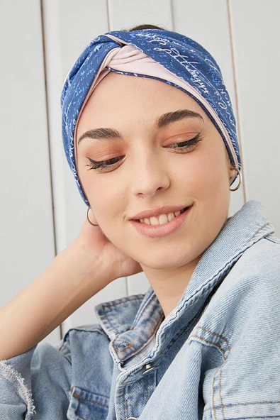 Mavi Beyaz Bandana Saç Bandı Ekstra Yumuşak Esnek Doğal Pamuklu Penye - 3