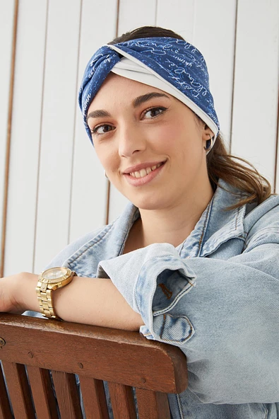 Mavi Beyaz Bandana Saç Bandı Ekstra Yumuşak Esnek Doğal Pamuklu Penye - 7