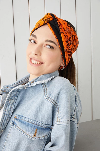 Turuncu Siyah Bandana Saç Bandı Ekstra Yumuşak Esnek Doğal Pamuklu Penye - 3