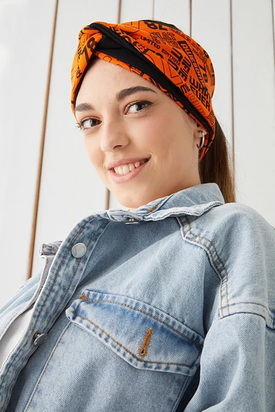 Turuncu Siyah Bandana Saç Bandı Ekstra Yumuşak Esnek Doğal Pamuklu Penye - 7