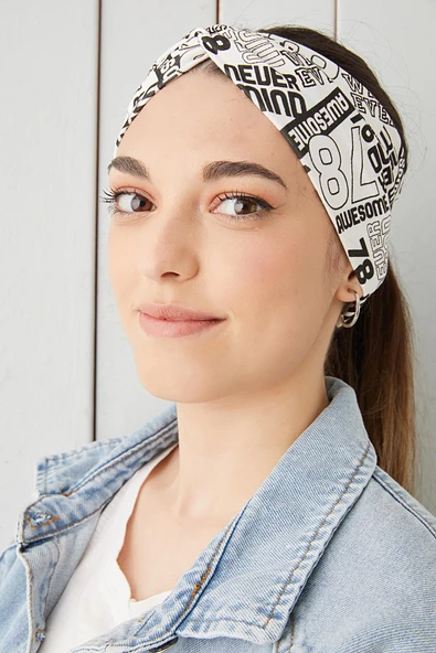 Beyaz siyah Desenli Bandana Saç Bandı Ekstra Yumuşak Esnek Doğal Pamuklu Penye - 7