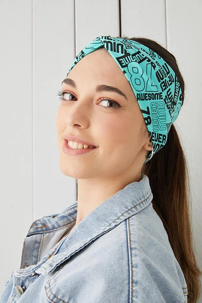 Turquaz siyah Desenli Bandana Saç Bandı Ekstra Yumuşak Esnek Doğal Pamuklu Penye - 5