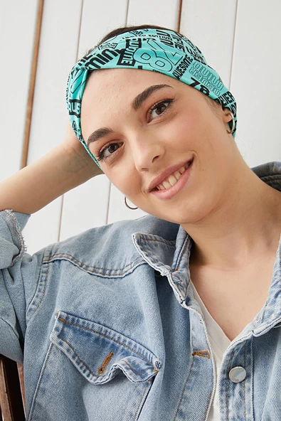 Turquaz siyah Desenli Bandana Saç Bandı Ekstra Yumuşak Esnek Doğal Pamuklu Penye - 3