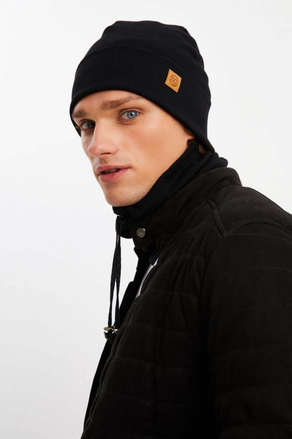 Siyah Erkek Balıkçı Style Pamuklu Kaşkorse, Terletmez, Ultra Hafif, Yumuşak Bere Boyunluk Takım