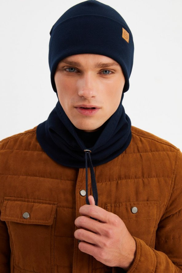 Lacivert Erkek Balıkçı Style Pamuklu Kaşkorse, Terletmez, Ultra Hafif, Yumuşak Bere Boyunluk Takım - 2