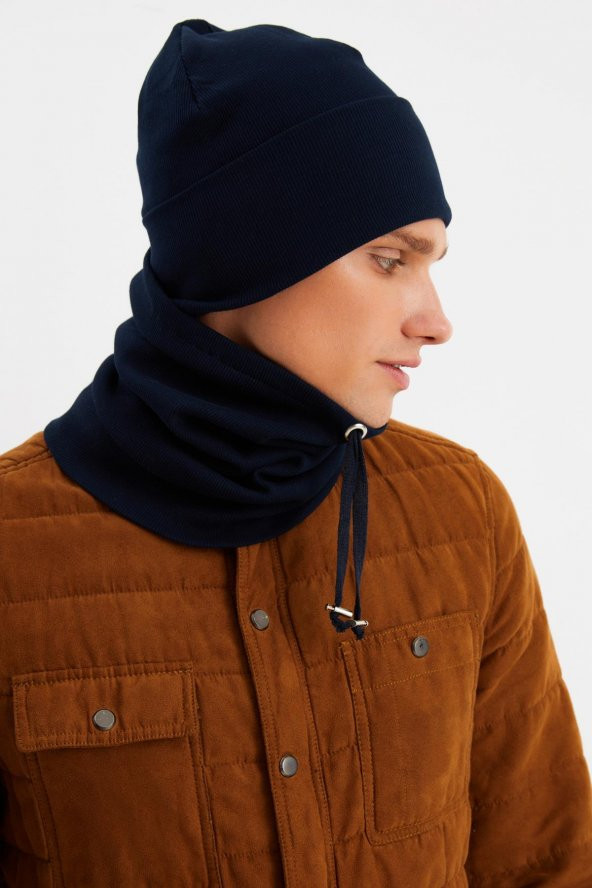 Lacivert Erkek Balıkçı Style Pamuklu Kaşkorse, Terletmez, Ultra Hafif, Yumuşak Bere Boyunluk Takım - 4