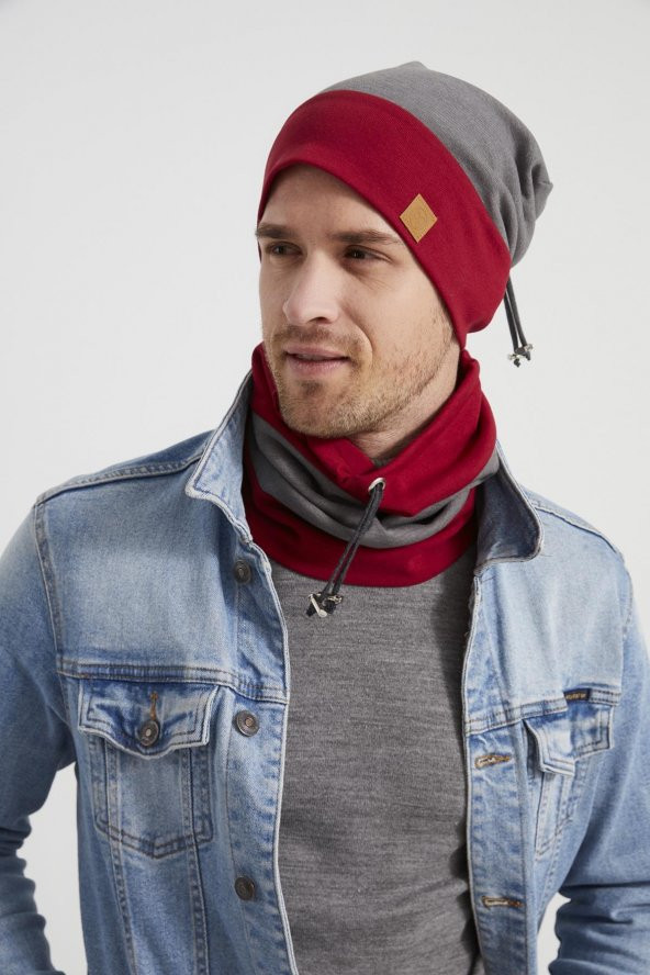 Erkek Genç yeni sezon kırmızı Gri parçalı ipli Şapka Bere boyunluk Takım -Spor,Rahat,pamuklu TERMAL