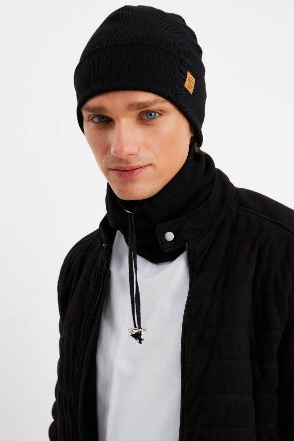 Siyah Erkek Balıkçı Style Pamuklu Kaşkorse, Terletmez, Ultra Hafif, Yumuşak Bere Boyunluk Takım - 2