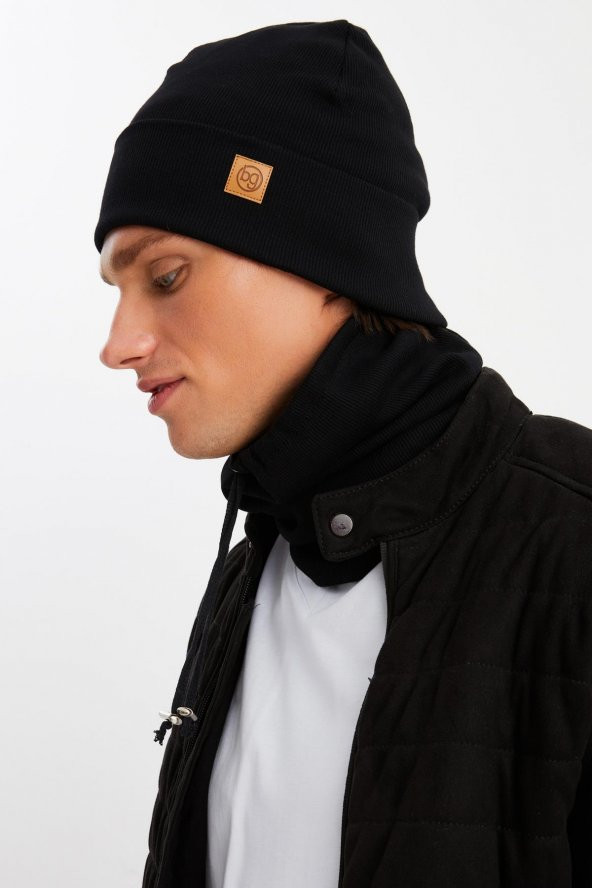 Siyah Erkek Balıkçı Style Pamuklu Kaşkorse, Terletmez, Ultra Hafif, Yumuşak Bere Boyunluk Takım - 4