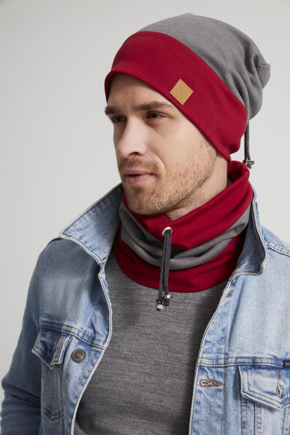 Erkek Genç yeni sezon kırmızı Gri parçalı ipli Şapka Bere boyunluk Takım -Spor,Rahat,pamuklu TERMAL - 2