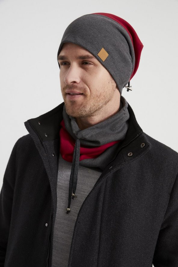 Erkek Genç yeni sezon füme kırmızı parçalı ipli Şapka Bere boyunluk Takım -Spor,Rahat,pamuklu TERMAL - Resim 2