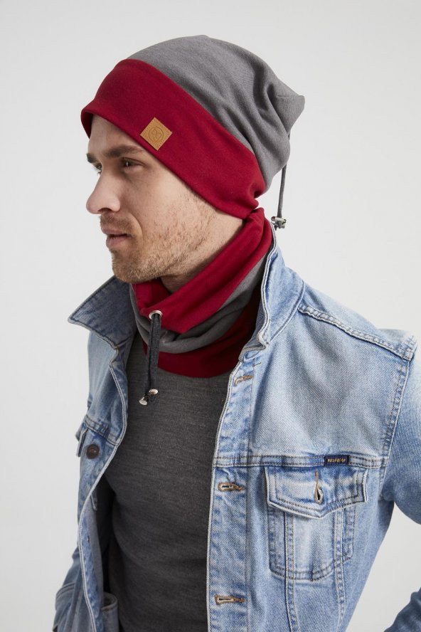 Erkek Genç yeni sezon kırmızı Gri parçalı ipli Şapka Bere boyunluk Takım -Spor,Rahat,pamuklu TERMAL - 4