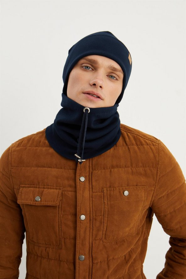 Lacivert Erkek Balıkçı Style Pamuklu Kaşkorse, Terletmez, Ultra Hafif, Yumuşak Bere Boyunluk Takım - 8