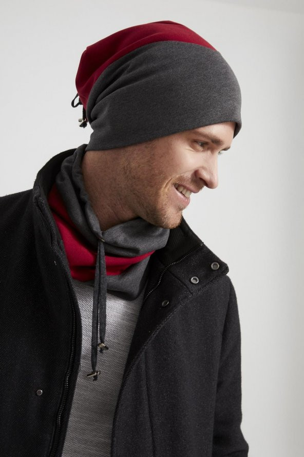 Erkek Genç yeni sezon füme kırmızı parçalı ipli Şapka Bere boyunluk Takım -Spor,Rahat,pamuklu TERMAL - Resim 3