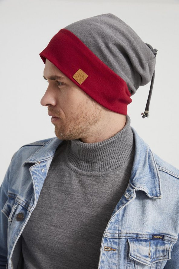 Erkek Genç yeni sezon Kırmızı vişne Gri parçalı ip detaylı Şapka Bere -Spor, Rahat, pamuklu TERMAL - Resim 2