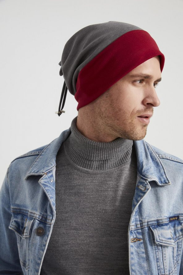 Erkek Genç yeni sezon Kırmızı vişne Gri parçalı ip detaylı Şapka Bere -Spor, Rahat, pamuklu TERMAL - Resim 3