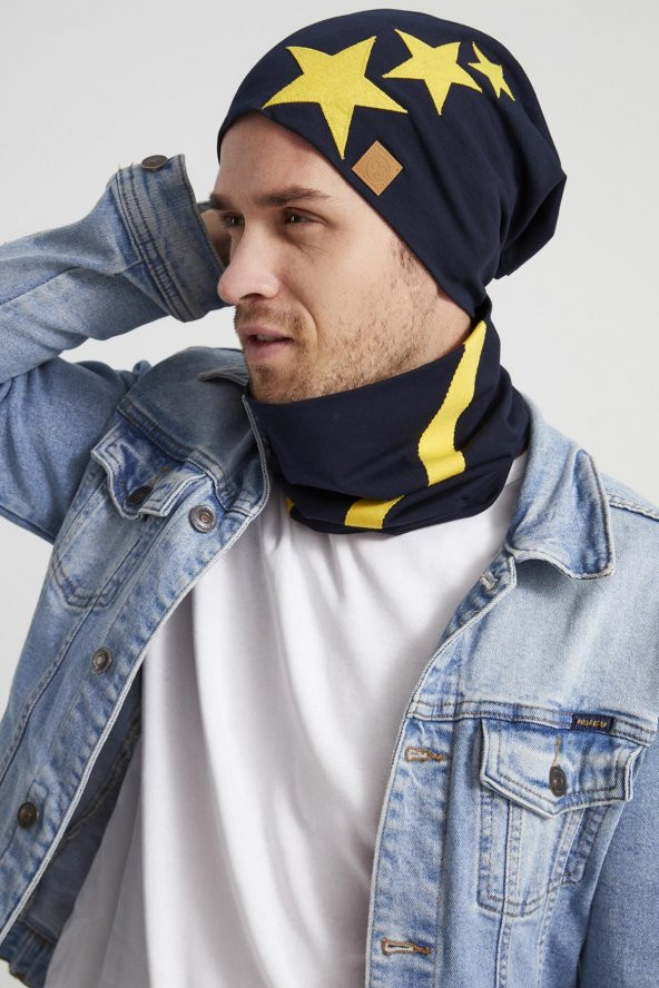 Sarı Lacivert yıldızlı Efsane çubuklu, ipli 4 mevsim Şapka Bere Boyunluk Takım -yumuşak doğal penye - Resim 2