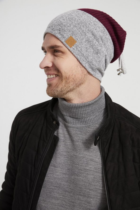 Bordo-Gri Erkek Genç Best of Butikgiz Bordo Gri parçalı Şapka Bere -Spor, Rahat,pamuklu TERMAL kumaş ürün görseli