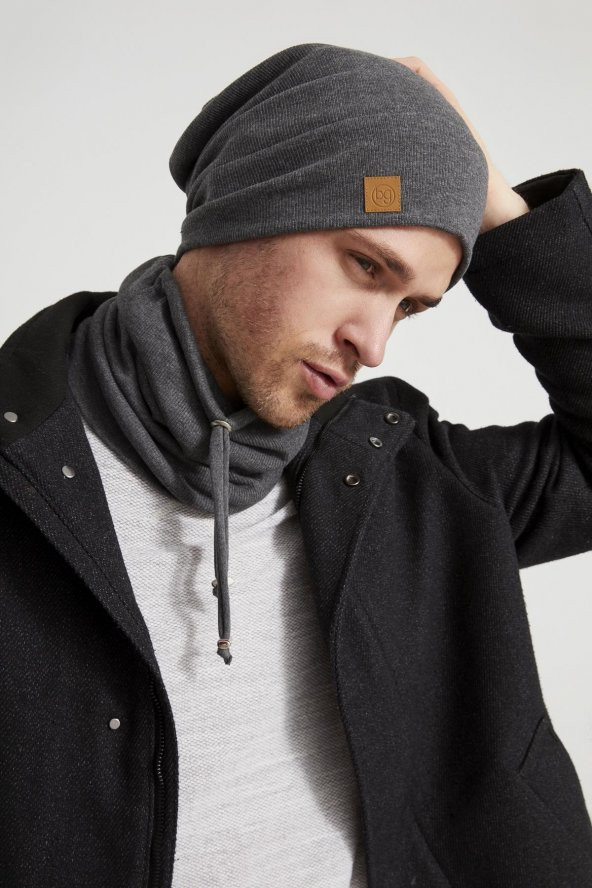 Füme Erkek Genç Businessman Füme ip detaylı Şapka Bere Boyunluk Takım Spor, Rahat, %100 pamuklu kaşkorse