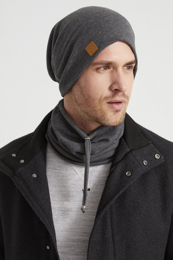 Füme Erkek Genç Businessman Füme ip detaylı Şapka Bere Boyunluk Takım Spor, Rahat, %100 pamuklu kaşkorse - 2