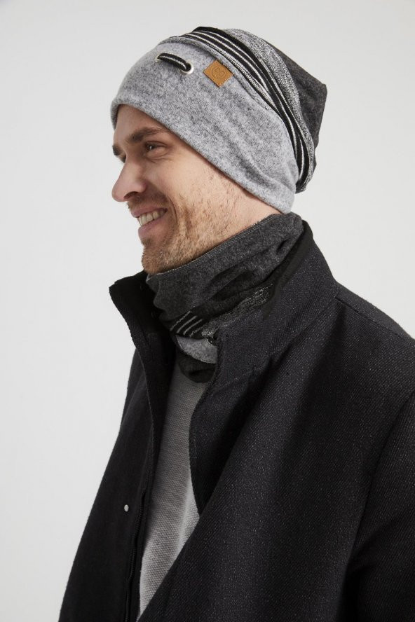 Gri-Siyah Erkek Genç Best of Butikgiz Gri parçalı Şapka Bere Boyunluk Takım -Spor, Rahat,pamuklu TERMAL - Resim 2