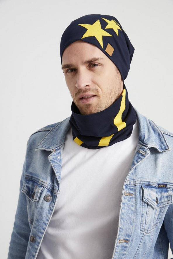 Sarı Lacivert yıldızlı Efsane çubuklu, ipli 4 mevsim Şapka Bere Boyunluk Takım -yumuşak doğal penye - Resim 3