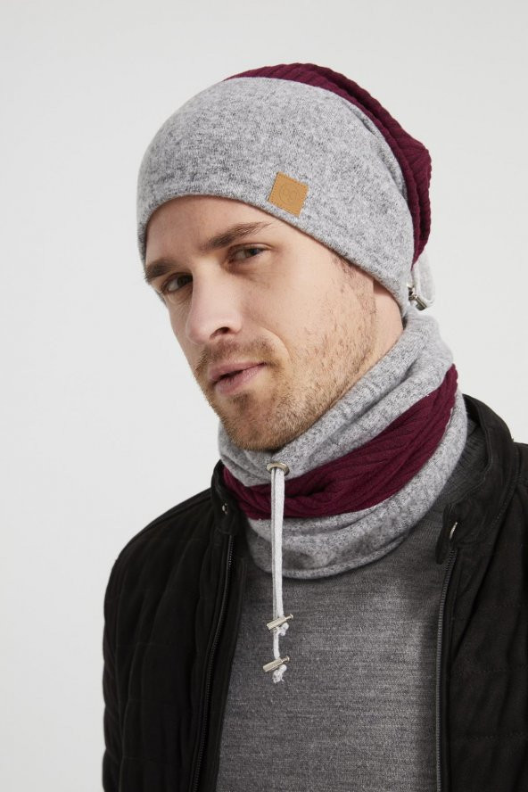 Bordo-Gri Erkek Genç Best of Butikgiz Bordo Gri Şapka Bere Boyunluk Takım -Spor, Rahat,pamuklu TERMAL - 2