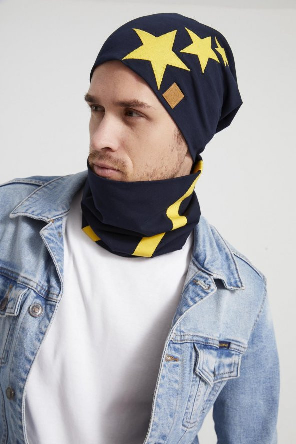 Sarı Lacivert yıldızlı Efsane çubuklu, ipli 4 mevsim Şapka Bere Boyunluk Takım -yumuşak doğal penye - Resim 5